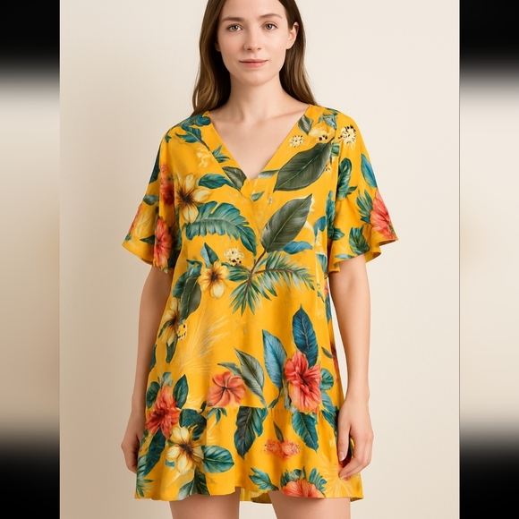 Label Of Love Tropical Floral Print Casual Short Sleeve Mini Dress Size Medium - Picture 2 of 13